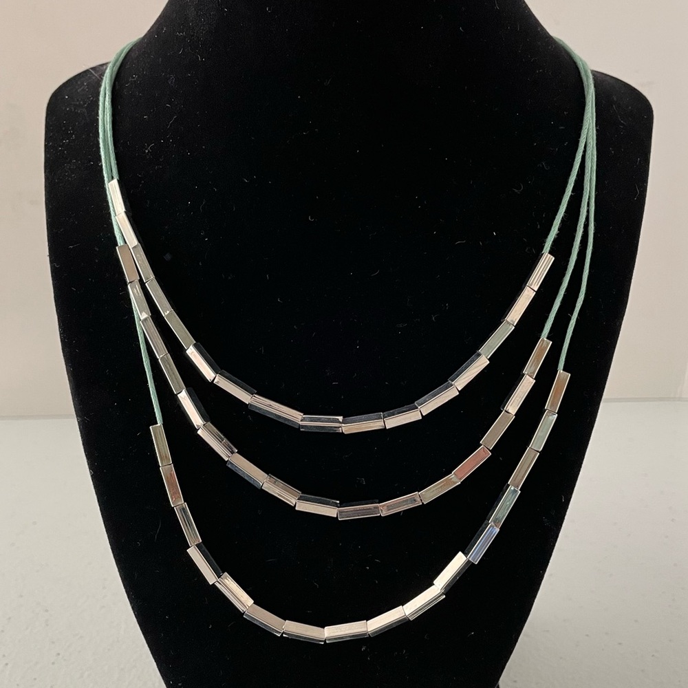 Geranium 3-Tier Silver Bead & Mint Green Necklace